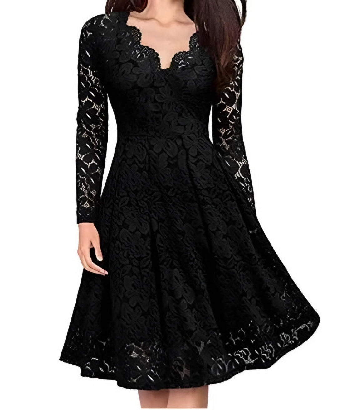 Paola — Vestito di Pizzo Donna Maniche Lunghe Scollo V Svasato, Lina Milano