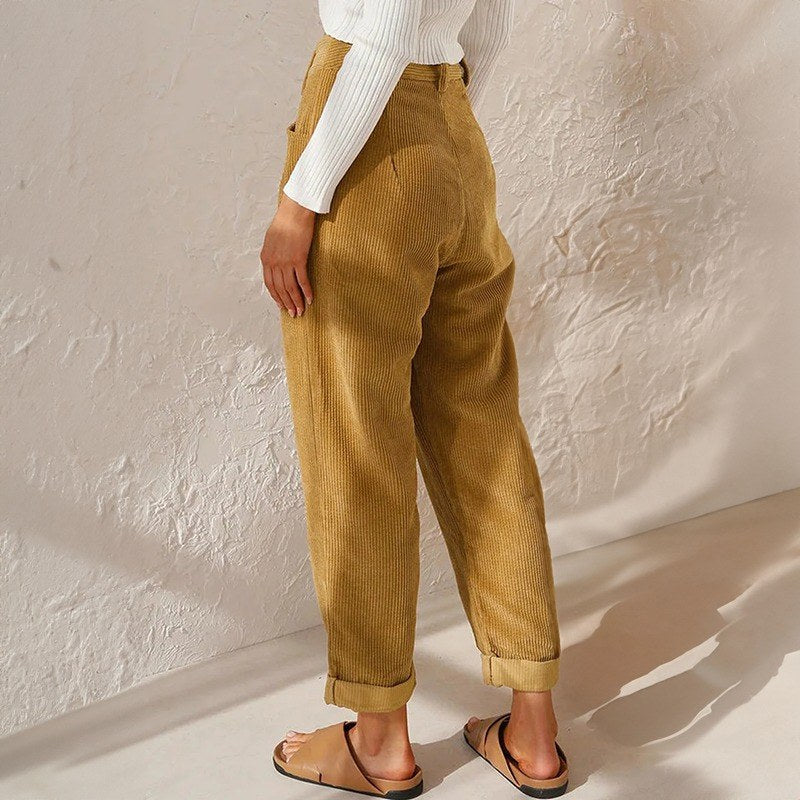 Piera — Pantaloni in Velluto a Coste Donna a Vita Alta con Risvolto, Lina Milano