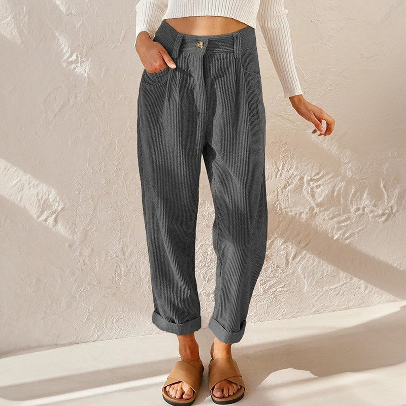 Piera — Pantaloni in Velluto a Coste Donna a Vita Alta con Risvolto, Lina Milano