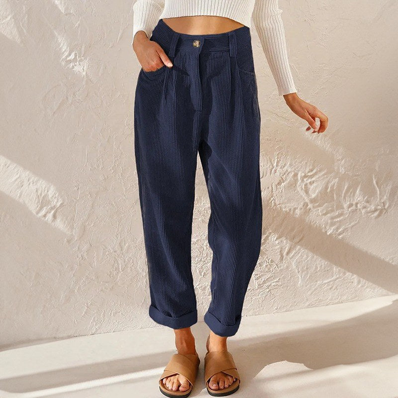 Piera — Pantaloni in Velluto a Coste Donna a Vita Alta con Risvolto, Lina Milano