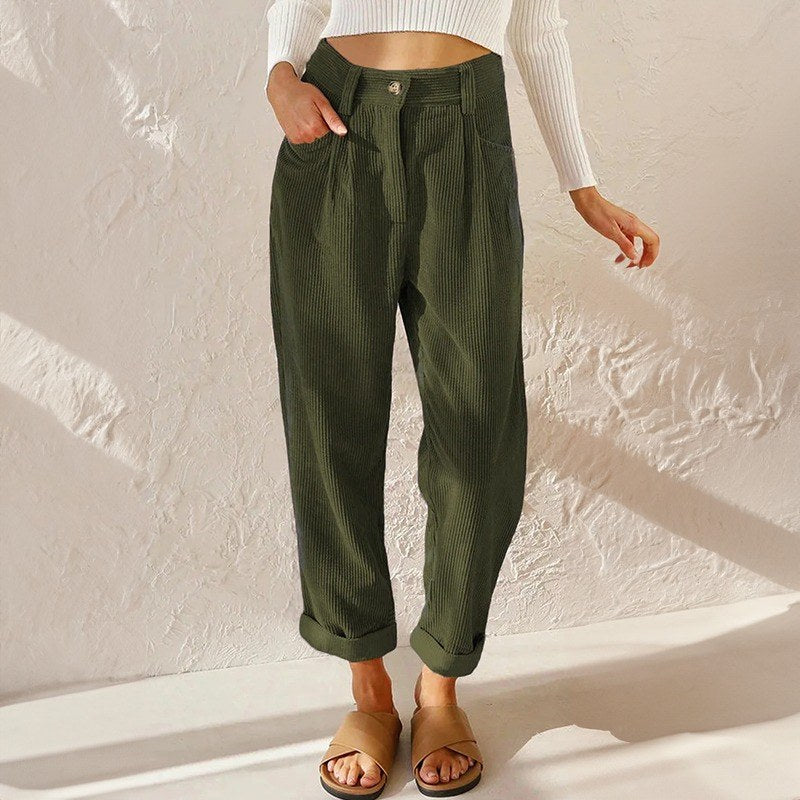 Piera — Pantaloni in Velluto a Coste Donna a Vita Alta con Risvolto, Lina Milano