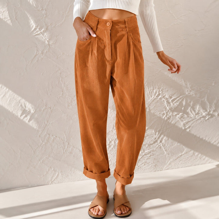 Piera — Pantaloni in Velluto a Coste Donna a Vita Alta con Risvolto, Lina Milano
