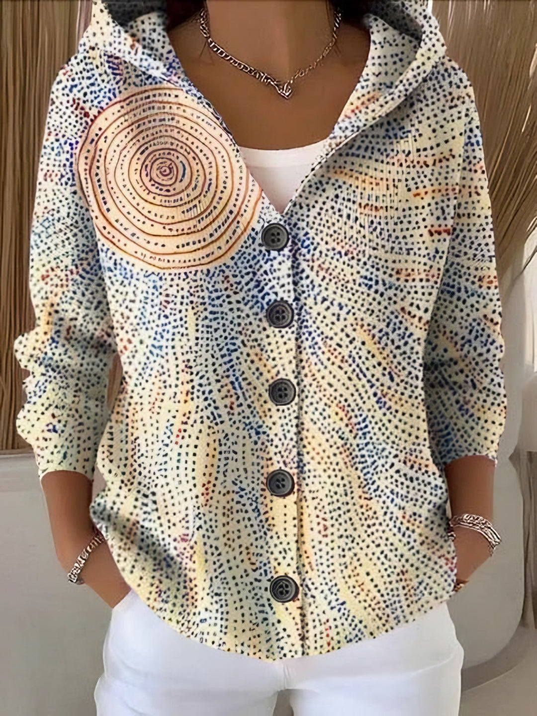 Sveva — Cardigan Donna con Cappuccio e Bottoni a Fantasia, Lina Milano